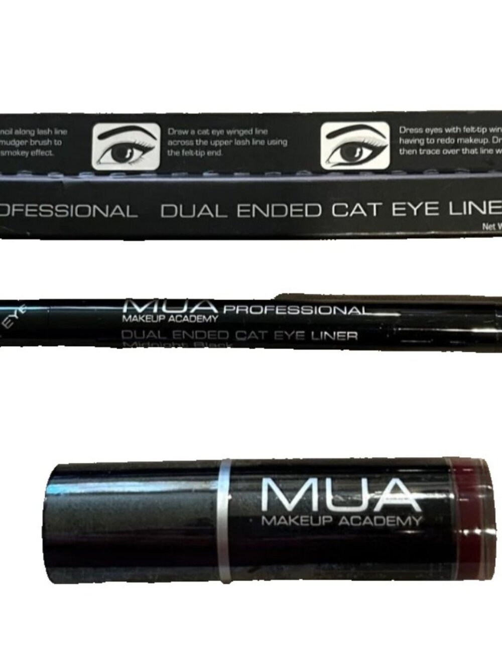 MUA Make Up Academy Lot of 2- Lipstick #233 Plum & CAT EYE LINER dual ended